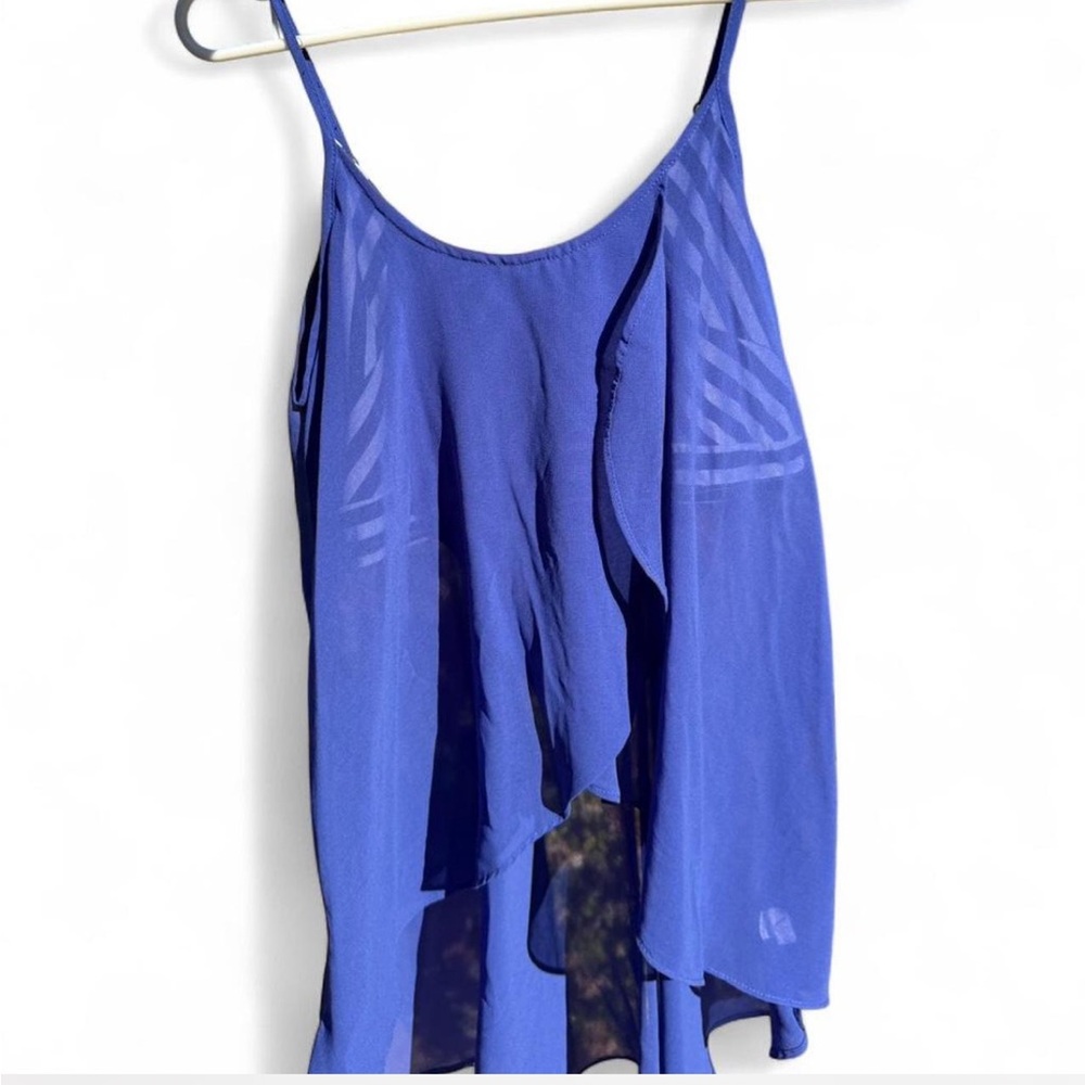 vintage bebe royal blue sheer high low flowy tank top with striped bra lining